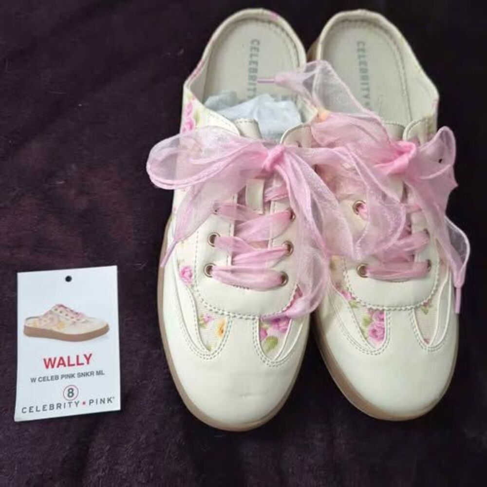 Brand New Women's Size 8 Celebrity Pink Slip Ons with Ribbon Laces Floral Design